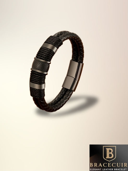 Bracelet cuir <br> tressé acier