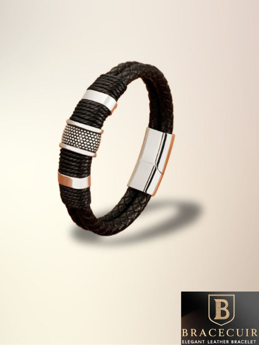 Bracelet cuir <br> tressé acier