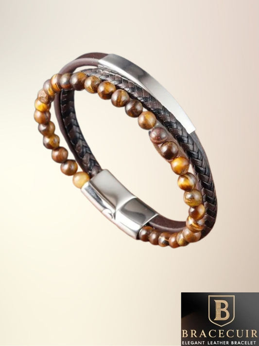 Bracelet cuir <br> tressé acier