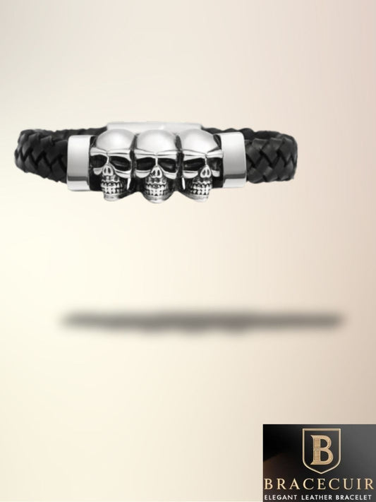 Bracelet cuir <br> tressé tête de mort