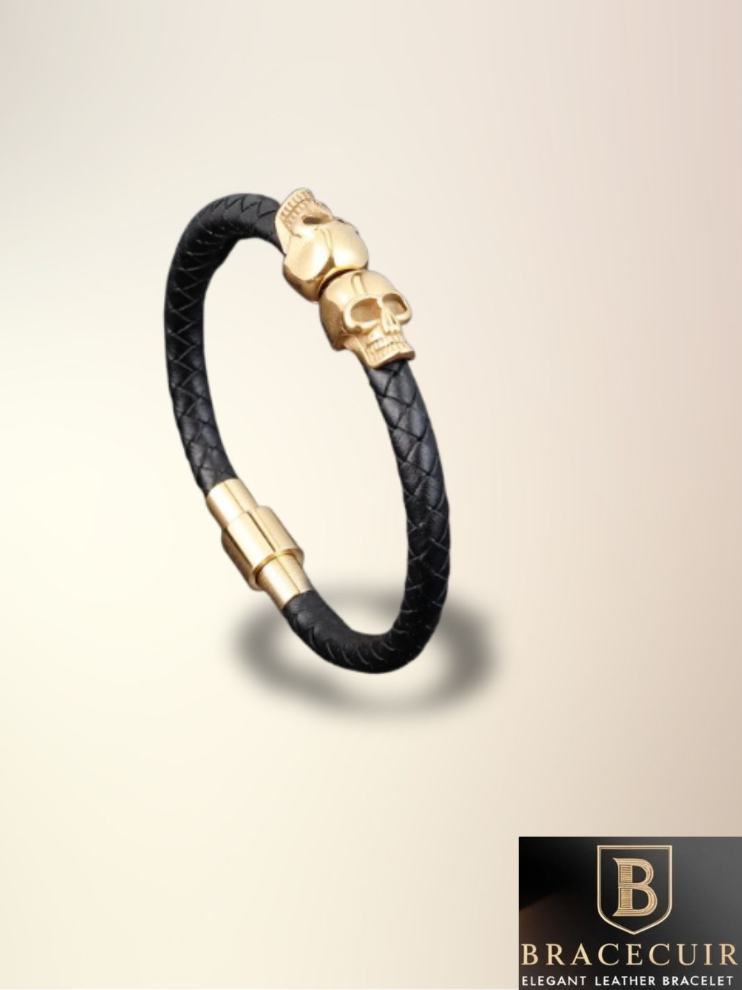 Bracelet cuir <br> tressé tête de mort