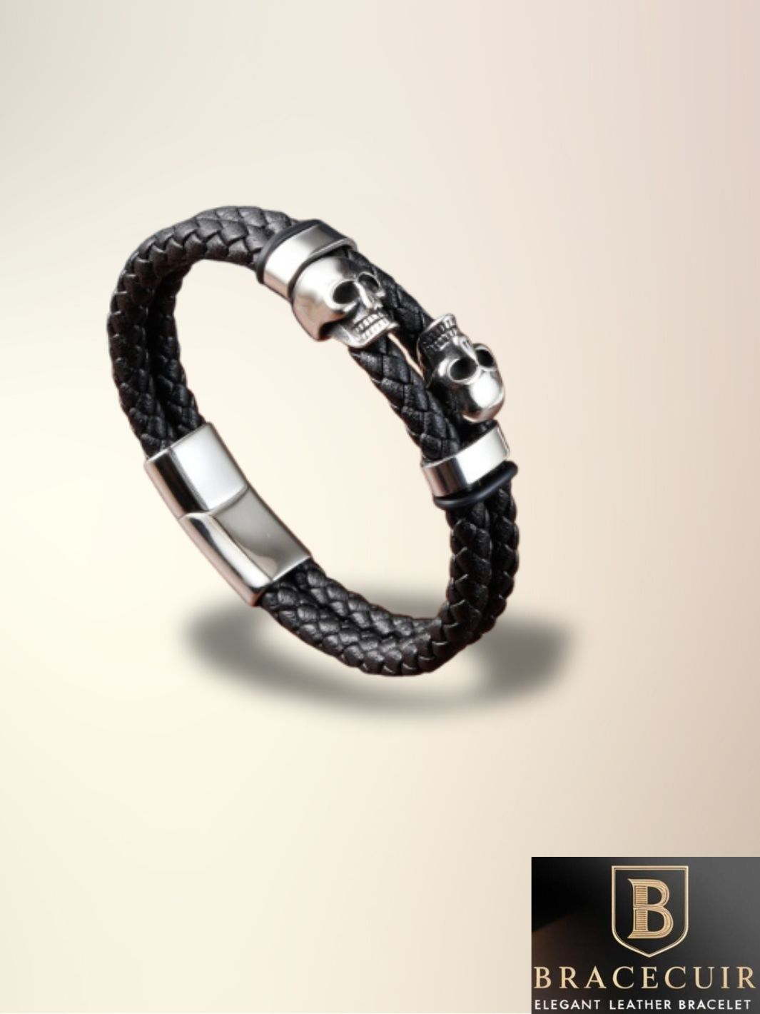 Bracelet cuir <br>tressé tête de mort