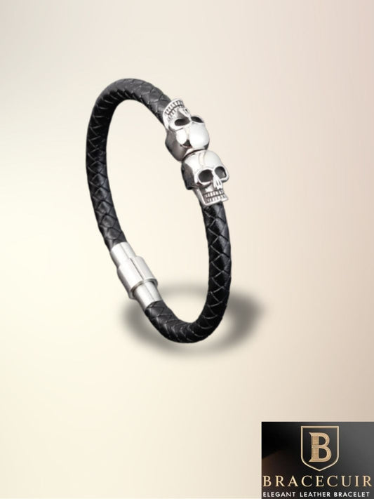 Bracelet cuir <br> tressé tête de mort